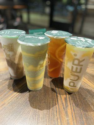 Matcha creme brûlée, Mango Tornado, Coconut Coffee, Peach Orange Black Tea