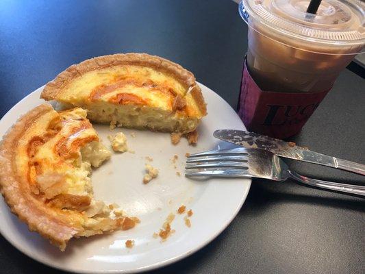 Really yummy Chicken Pepper Jack Quiche and Iced Vanilla Latte!!! Best yet!