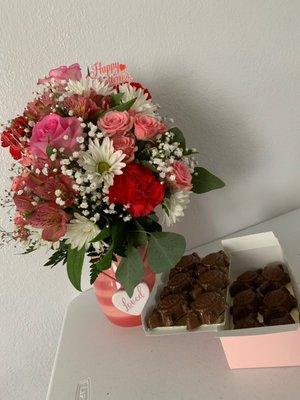 Floral arrangement with handmade local chocolates