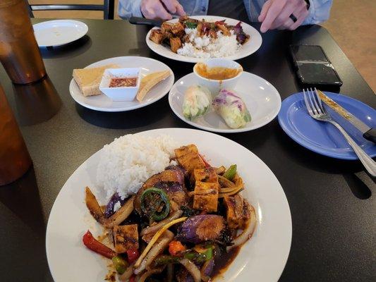 Crispy eggplant, tofu with chili sauce and fresh rolls! Yummm