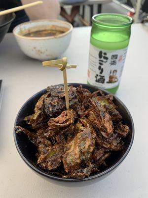 Fried brussel sprouts, Cold sake