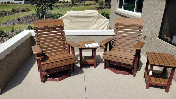 High curve back swivel gliders with matching end tables. Best outdoor chair to sit in.  Comfortable and durable