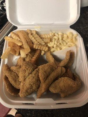 Fried Catfish Platter with Mac & Cheese & French Fries.