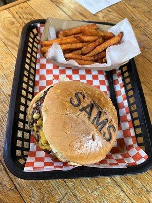 Cheddar cheese burger with Sweet Potato Fries