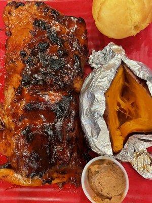 Baby back ribs and baked sweet potato