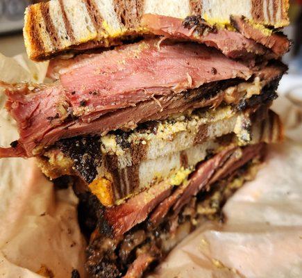 Pastrami (ding, hot, marble rye, no Russian or coleslaw, add schmear of chopped livah)...ate half and it was amazing! (6/14/23)