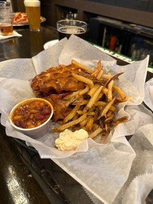 Chicken and Waffles with French fries and beans