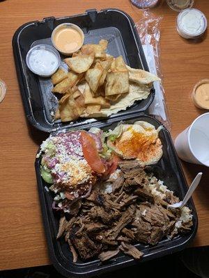 Beef Tri-tip & Lamb plate with a side of hummus & salad.