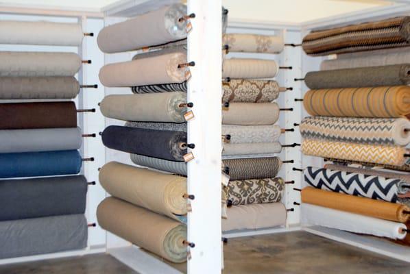 Great selection of in stock solids, linens, burlaps,sheers for all upholstery and drapery needs.