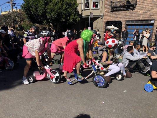 these are Some of the colorful contestants in the bring your own big wheel downhill contest. Vermont Street is long, steep and winding.