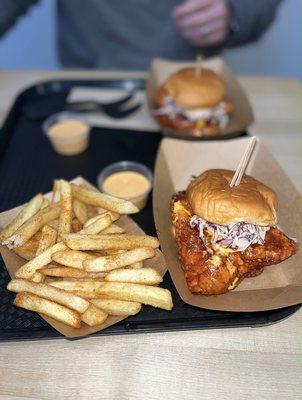 "seoul reaper" spicy chicken sandwich and fries.