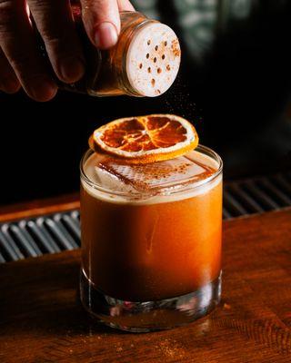 The Holiday Carajillo made with Licor 43, Fresh Espresso, Maple Syrup, Pumpkin Puree, Winter Spices!