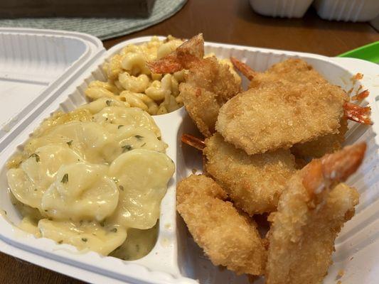 Fried shrimp, scalloped potatoes, Mac and cheese