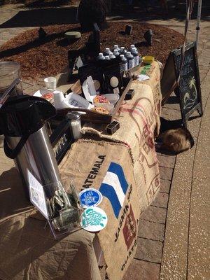 We sell hot and cold coffee at the grand boulevard and niceville farmers market every Saturday from 9-1.