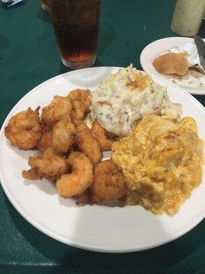 Fried shrimp, squash casserole and twice cooked potatoes.