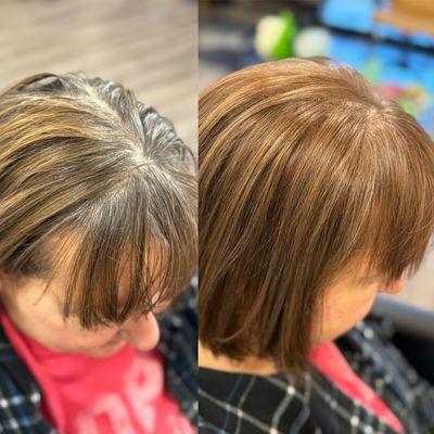 Grey coverage is a specialty of mine. I love being able to add back shine and dimension to the hair.