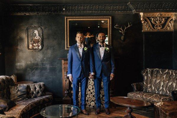 Franco Grooms Joe & Chris wearing Signature Custom Suits and paired woven silk accessories.