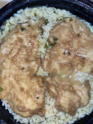 Chicken Francaise, over rice. To go