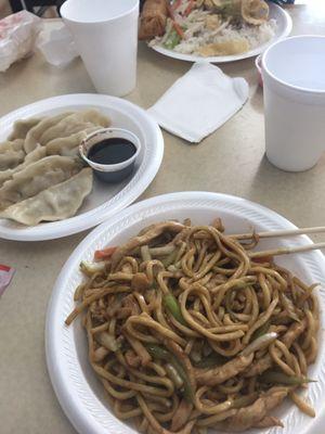 Chicken lo mein and fried dumplings