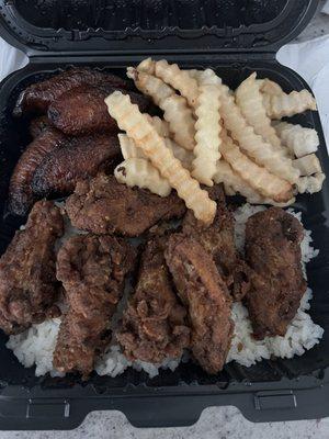 Fried chicken, fries, and Plantains