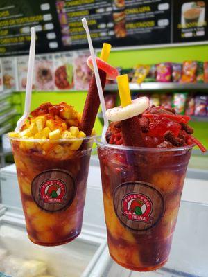 Mangonada Special. One with diced mango and the other topped with candy.