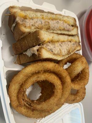 Tuna melt with onion rings