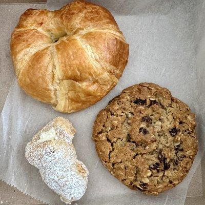 My croissant, lady lock, and oatmeal-raisin cookie