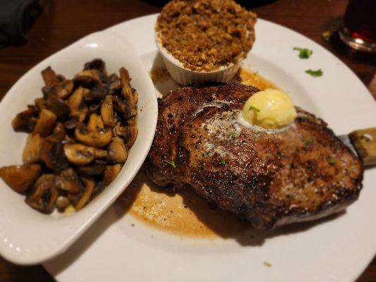 Delmonico with sweet potato soufflé and mushrooms