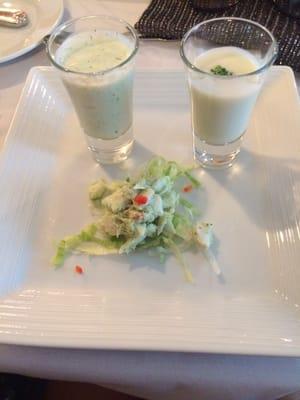 Cucumber soup and Vichyssoise with crab salad from Women's Center luncheon