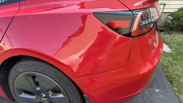 Photo of the repaired Tesla model 3 quarter panel @ Johny's Auto Body, PA