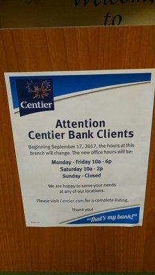 Centiers newer hours than what I previously posted. It pisses me off too because they close earlier now and no longer have Sunday service!