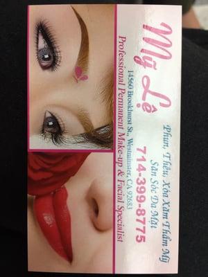 My Le does excellent permanent make up work such as eye brows, eye liner, lips, and more! Walk in or appt