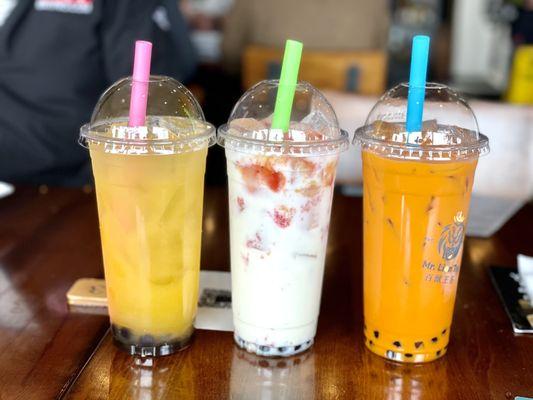 Mango peach, fruit milk tea, and Thai tea