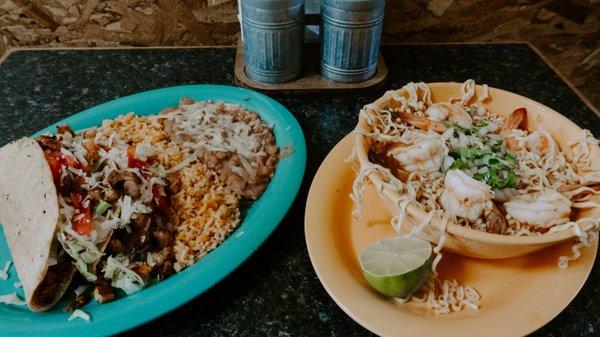 Taco Plate &  Spicy Shrimp Noodle Soup