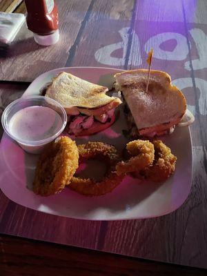 Chicken Philly on sourdough with onion rings upgrade