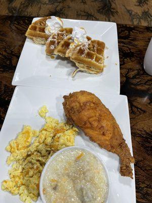 Chicken breast with scrambled eggs, grits, and butterscotch waffle