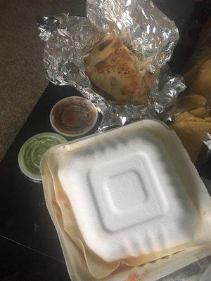 Poorly packaged to-go food. Everything was steamed, soggy and crushed. $9 Quesadilla in the foil. $7 Chile Relleno in the box.