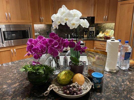 Kitchen area in residence with fresh flowers and snacks