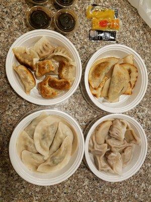 4 types of dumplings. Meat fried and steamed, vegi fried and steamed.