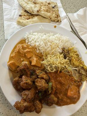 Tikka Masala, Chicken Pepper Fry,  Madras Chicken, Plain Rice, Veg Noodles and Garlic Naan