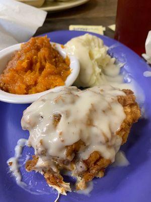 Country Fried Chicken, sweet potato casserole and mashed potatoes.