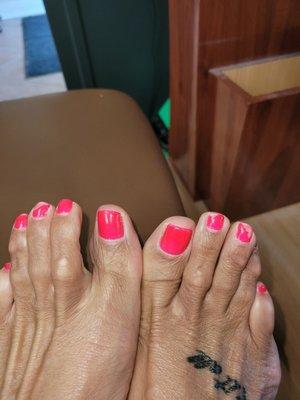 Pedicure after a few days. Nail texh used thinner and now its chipping off.