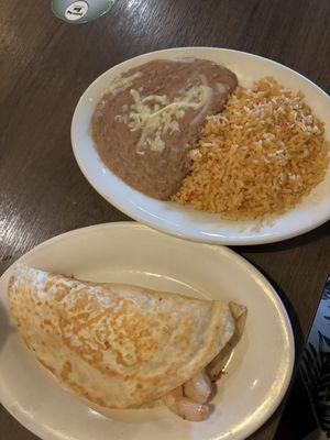 Shrimp Quesadilla with Cheese, side Rice and Beans