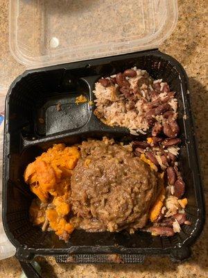 Smootherd pork chops, yams and red beans and rice.