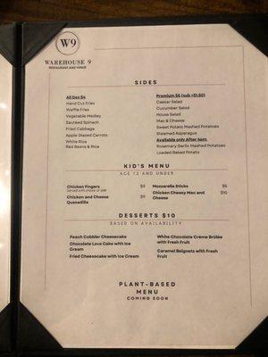 Sides, Kids Menu, Desserts