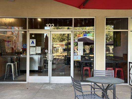 Outdoor seating in the plaza and entrance