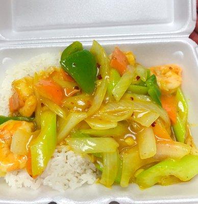 Curry shrimp over white rice!