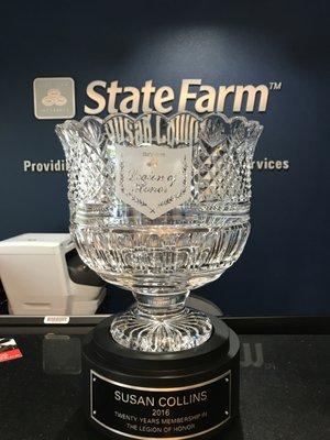 Crystal Excellence Award received for 20 Years in the Legion of Honor Club at State Farm.