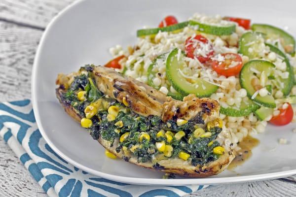 Cheesy Corn and Kale Stuffed Chicken with Fregola Sarda