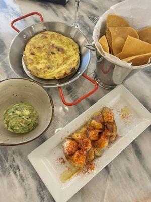 Guacamole and house made chips, Tortilla Española, Pulpo a la Gallega